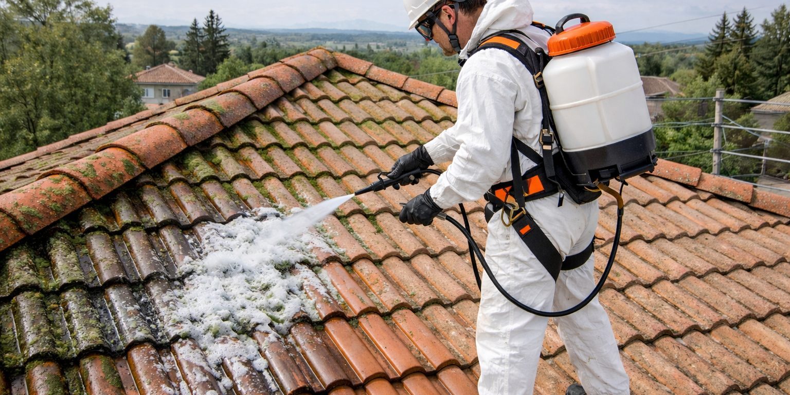 homme qui applique un traitement anti mousse sur toiture | Artihome France