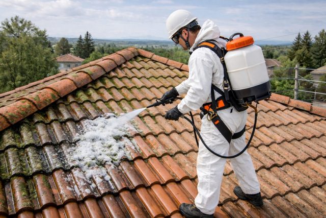homme qui applique un traitement anti mousse sur toiture | Artihome France