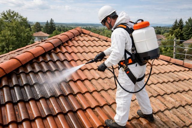 un homme qui applique un Traitement hydrofuge toiture | Artihome France