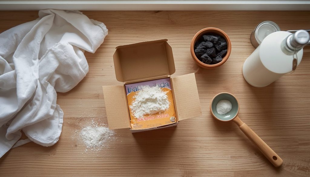 Boîte de bicarbonate de soude ouvert, poudre blanche dans un bol, vinaigre blanc, charbon actif, solution naturelle | Artihome