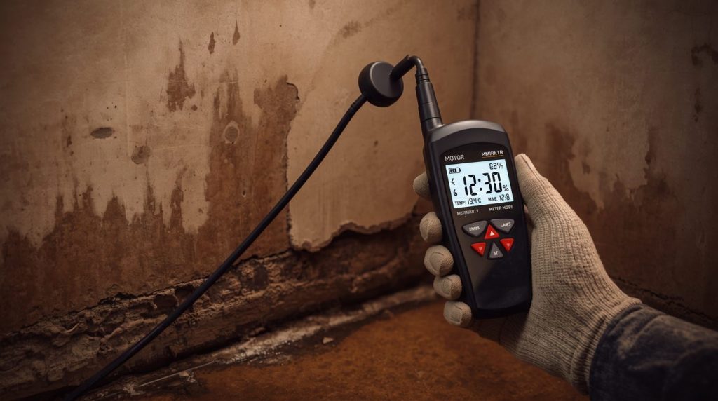 Hygromètre numérique mesurant l'humidité en cave humide, diagnostic professionnel, mains gantées expert | Artihome
