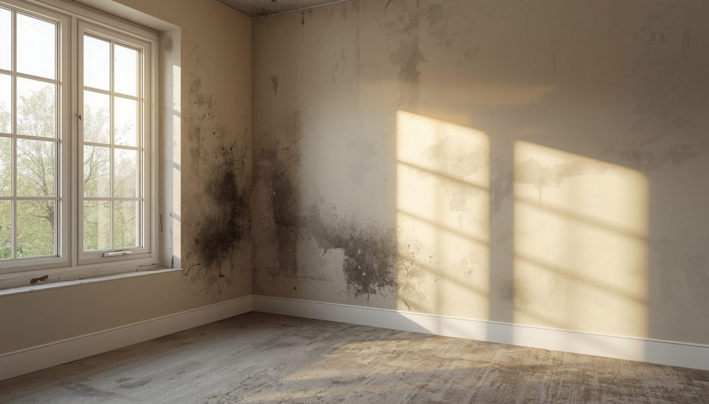Chambre avec murs humides, taches de moisissure noire, condensation fenêtre, problème d'humidité visible | Artihome
