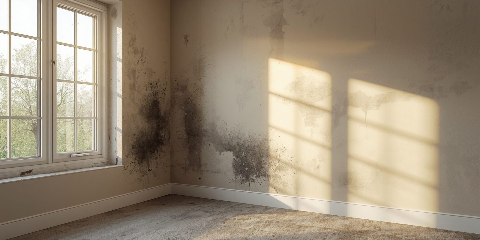 Odeur d’humidité dans une maison : symptômes et detection | Artihome Chambre avec murs humides, taches de moisissure noire, condensation fenêtre, problème d'humidité visible | Artihome