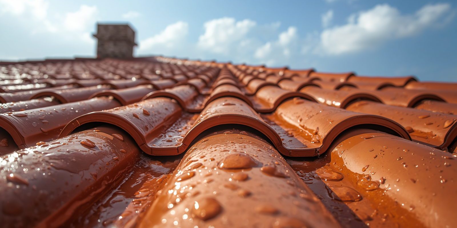Traitement hydrofuge toiture avis : effet perlant sur tuiles – Artihome Traitement hydrofuge toiture avis avec effet perlant visible sur tuiles en terre cuite après la pluie - Artihome