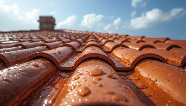 Traitement hydrofuge toiture avis : effet perlant sur tuiles – Artihome Traitement hydrofuge toiture avis avec effet perlant visible sur tuiles en terre cuite après la pluie - Artihome