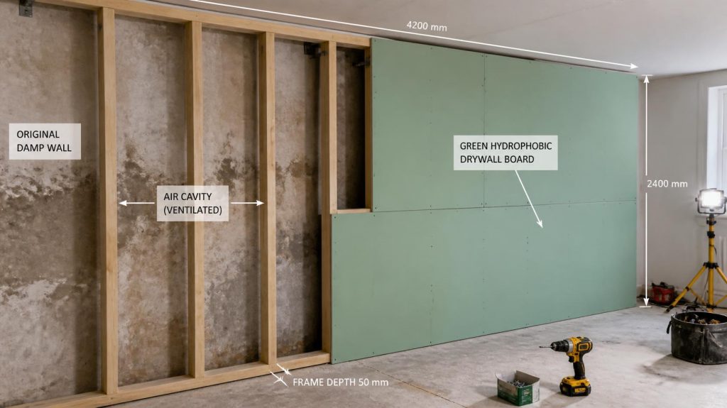 Chantier de faux mur en ossature bois et plaque hydrofuge pour habiller mur humide | Artihome France