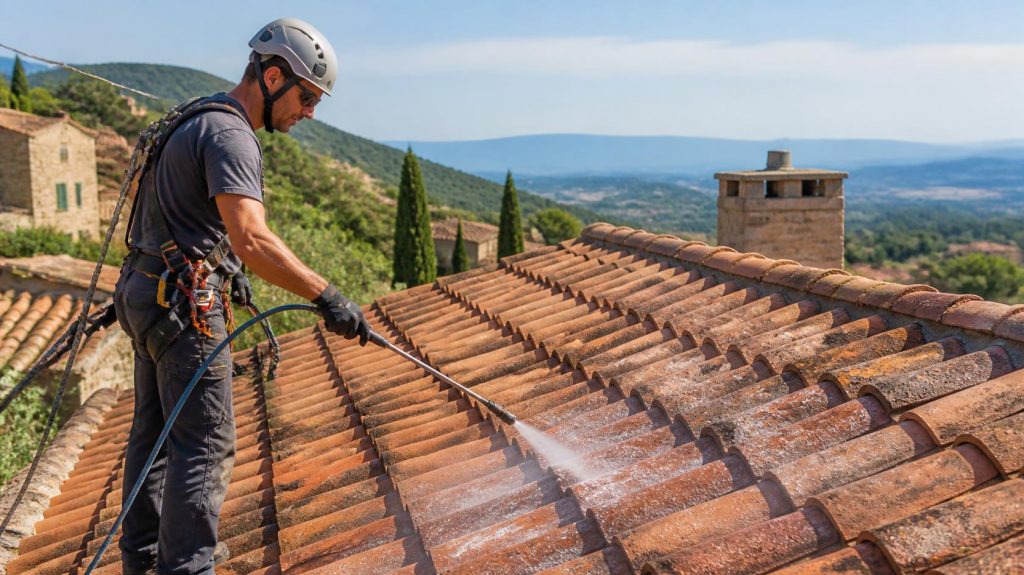 Professionnel appliquant le meilleur produit pour nettoyer la toiture, harnais de sécurité | Artihome