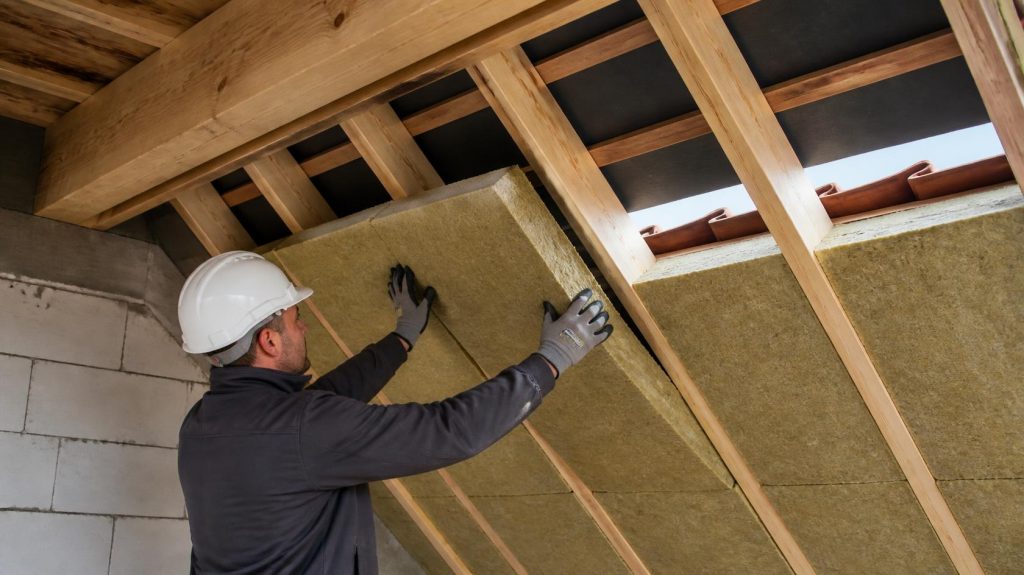 Pose de laine minérale en sous-pente toiture, lame d'air ventilée visible entre isolant et tuiles | Artihome