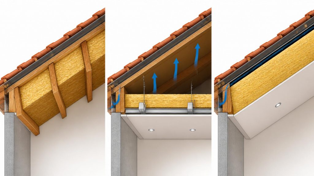 Comparaison de trois structures d'isolation pour sous-pente toiture, poutres apparentes et plafond suspendu | Artihome