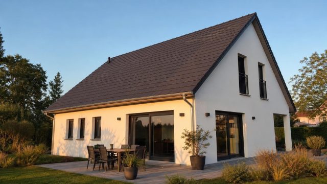 Pente de toiture à 30 degrés sur une maison individuelle | Artihome Pente de toiture à 30 degrés visible sur le versant d'une maison individuelle | Artihome