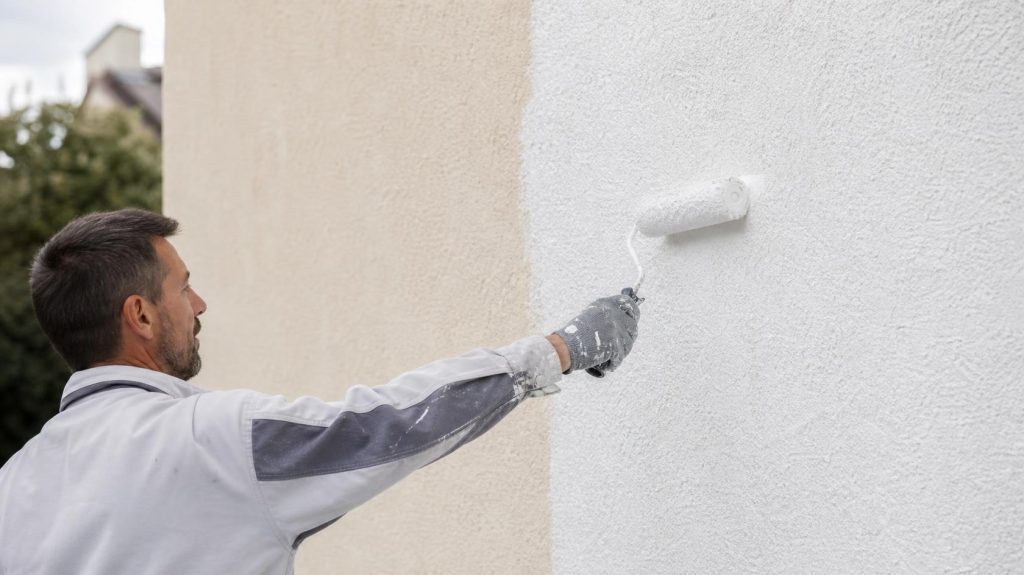 Artisan appliquant une sous-couche façade au rouleau sur un mur extérieur avant peinture
