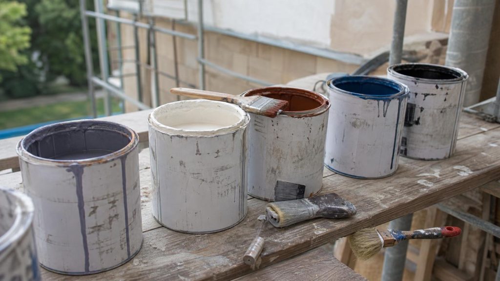 Pots de sous-couche façade posés sur un établi de chantier avant application | Artihome