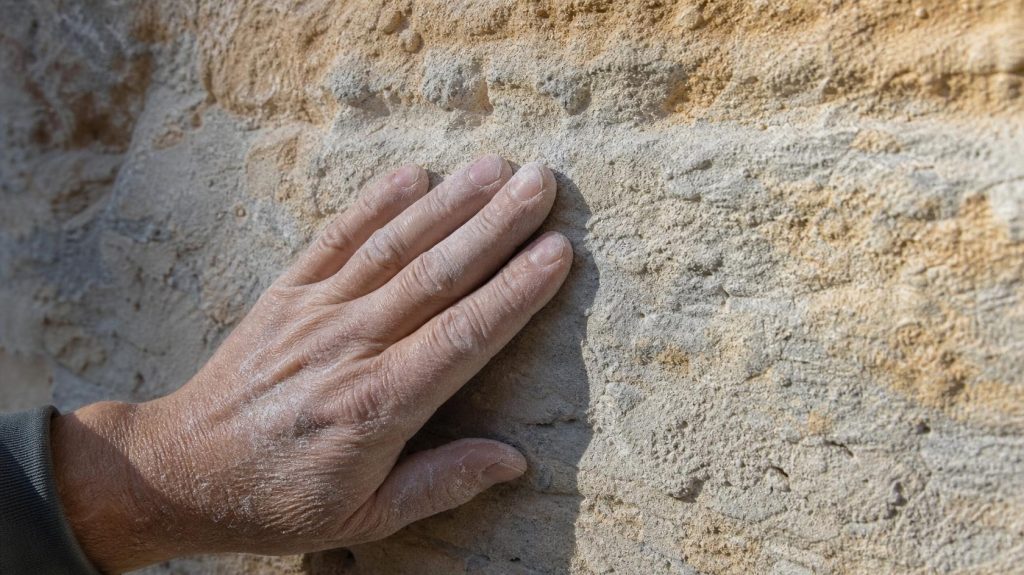 Main touchant un mur extérieur poudreux pour vérifier si une sous-couche façade est nécessaire | Artihome