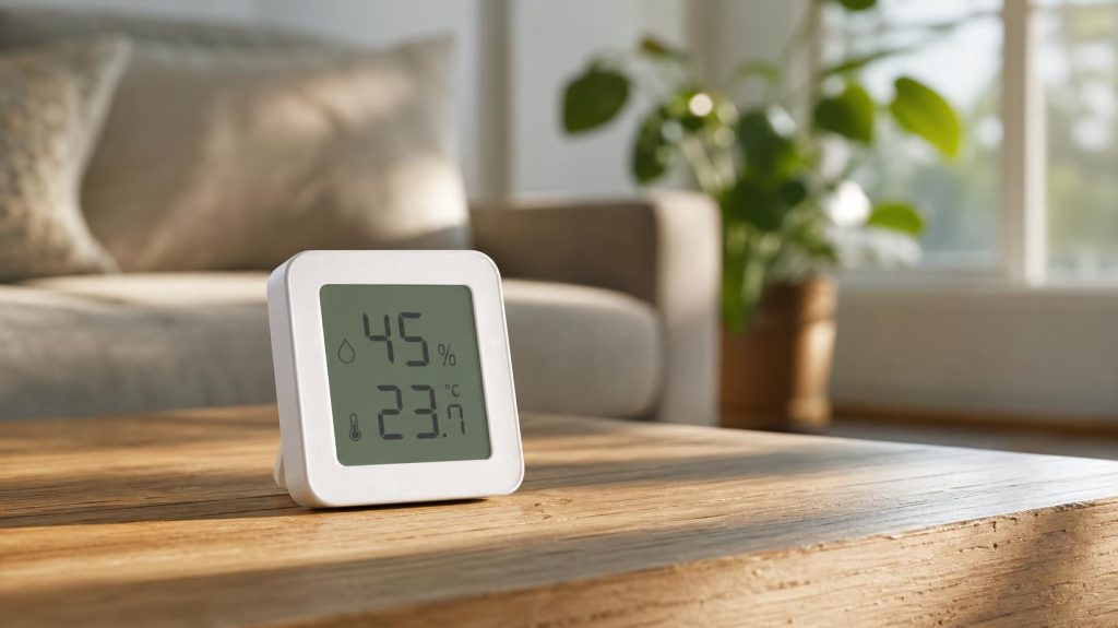 Hygromètre numérique posé sur une table basse dans un salon lumineux affichant le taux d'humidité | Artihome