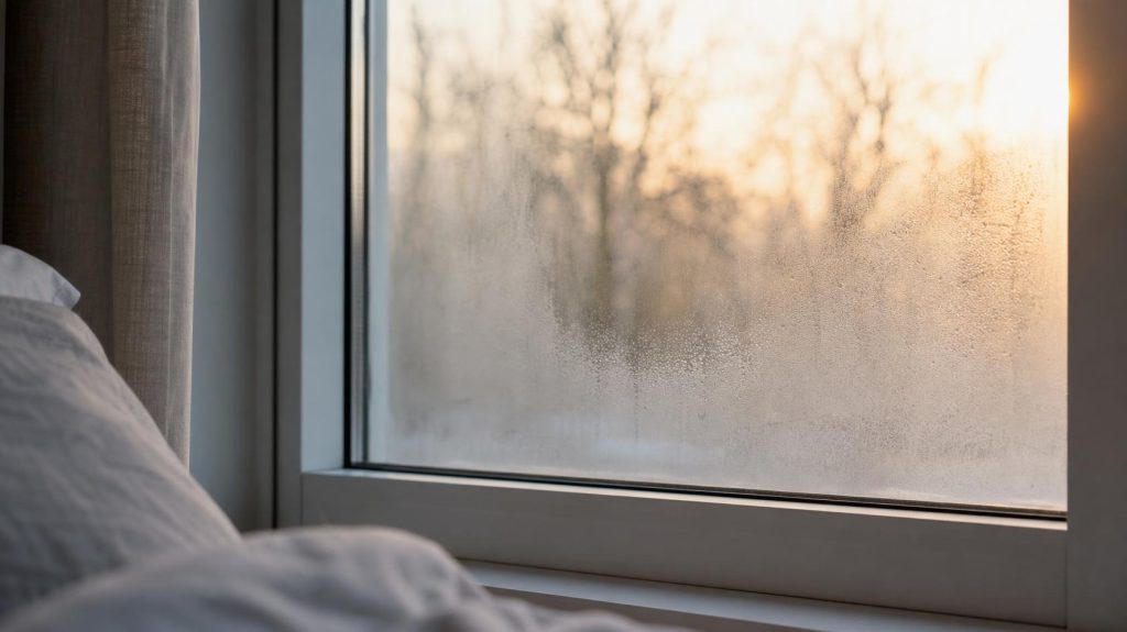 Salle de bain embuée après une douche chaude avec vapeur visible sur le miroir | Artihome